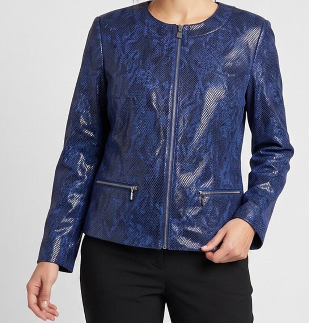 JM Collection Size 14 Blue Faux Snakeskin Print Full Zip Jacket Metallic Texture